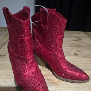 Red Western Rhinestone Western Ankle Boots for Women